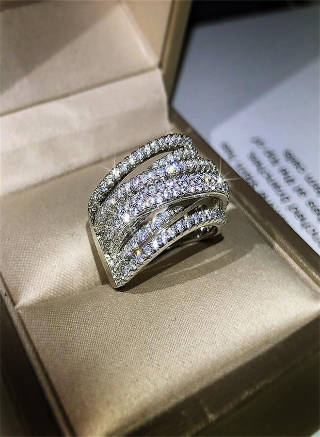 AZQ 925 Sterling Silver Shiny Full Diamond Gemstone Ring 18K Gold Cocktail Criss Cross Cubic Zirconia Ring CZ Diamond Multi Row Rings Eternity Engagement Wedding Party Ring for Women Z.134 (US Code 8) - Image 1