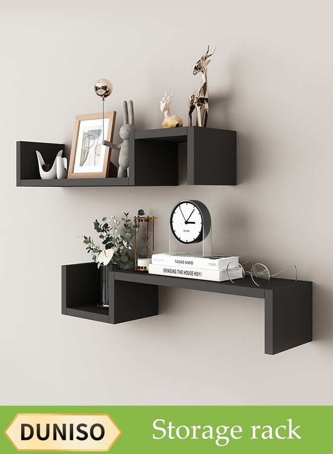 DUNISO TWO-Layer Floating Shelves, Decorative Wall Shelves，Wooden Storage Rack，Free Combination，Suitable for Living Room, Bedroom, Bathroom，Black  - Image 1