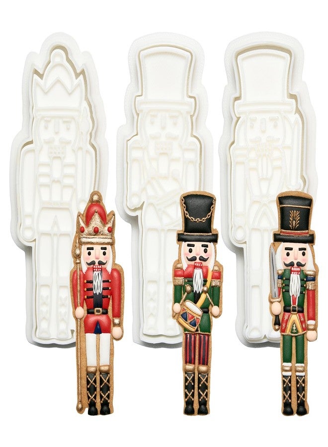 Flycalf Christmas Cookie Cutters Nutcracker Set of 3 with 3D Stamper Holiday Baking Accessories Cutter Molds Gifts for Kids Decorative Party 3.5" Kitchen Cake Supplies - Image 1
