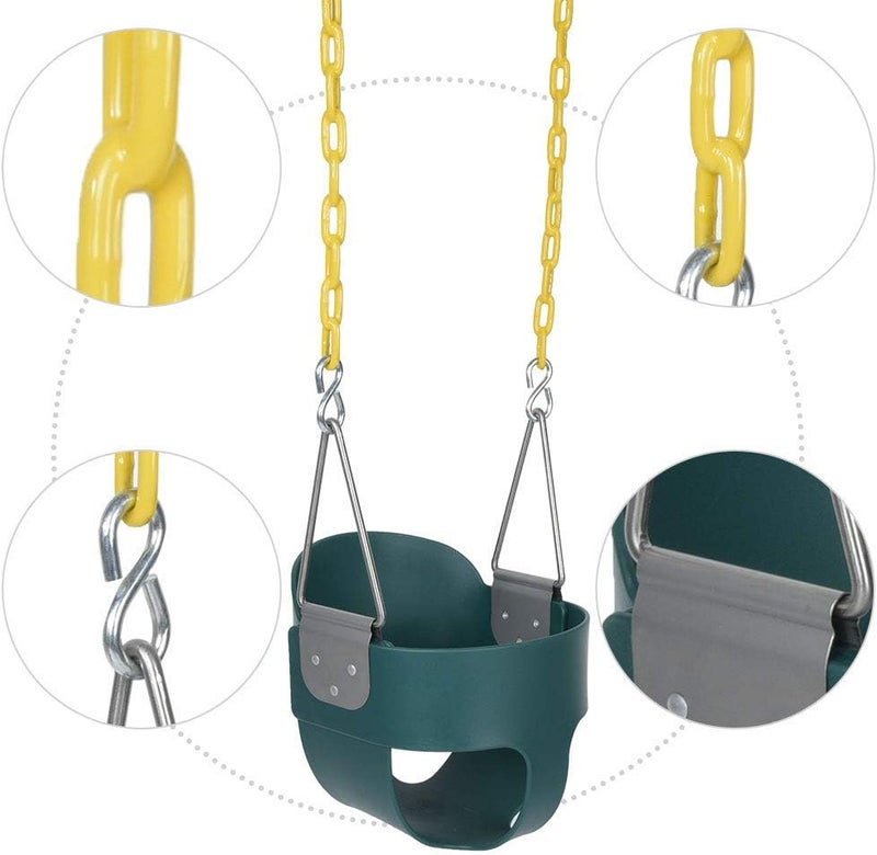 كلاراكو مقعد أرجوحة للأطفال الصغار، ظهر مرتفع، أرجوحات دلو كاملة، ملحقات مجموعة أرجوحة خارجية مجمعة بالكامل مع سلاسل أرجوحة مطلية باللون الأصفر بطول 1.5 متر، باللون الأخضر - Image 4