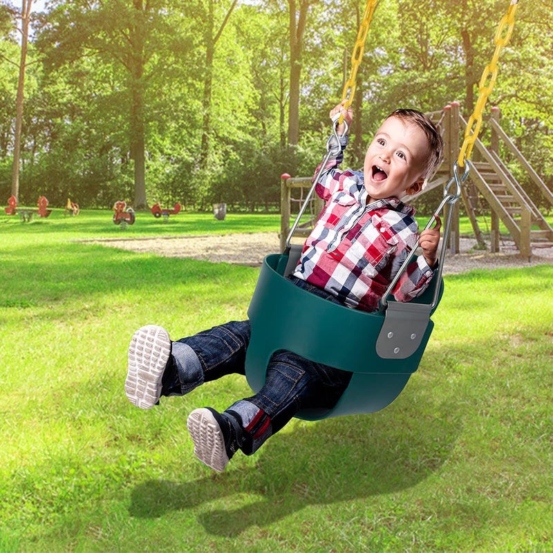 كلاراكو مقعد أرجوحة للأطفال الصغار، ظهر مرتفع، أرجوحات دلو كاملة، ملحقات مجموعة أرجوحة خارجية مجمعة بالكامل مع سلاسل أرجوحة مطلية باللون الأصفر بطول 1.5 متر، باللون الأخضر - Image 2