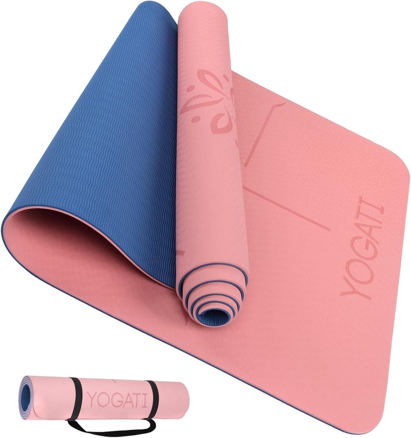 YOGATI ® Yoga Mat with Strap with Alignment Lines. Home Workout Mat for Women, Men and Kids. Thick Non Slip Yoga Mat for Pilates and Fitness. Brown, Pink and Purple Yoga Mats - Image 1