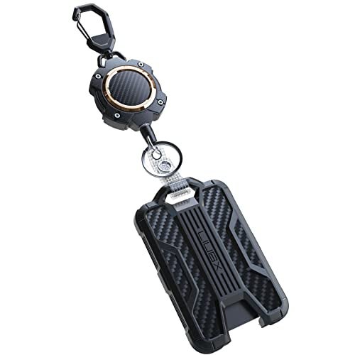 LIUGX Retractable Badge Holders, Heavy Duty Carabiner Keychain,Durable ID Card Holder (Holds 4 Cards), Carbon Fiber-Texture, with 31.5”Badge Reel Key Chain, 10,000+ Rebound, Gold-Black - Image 1