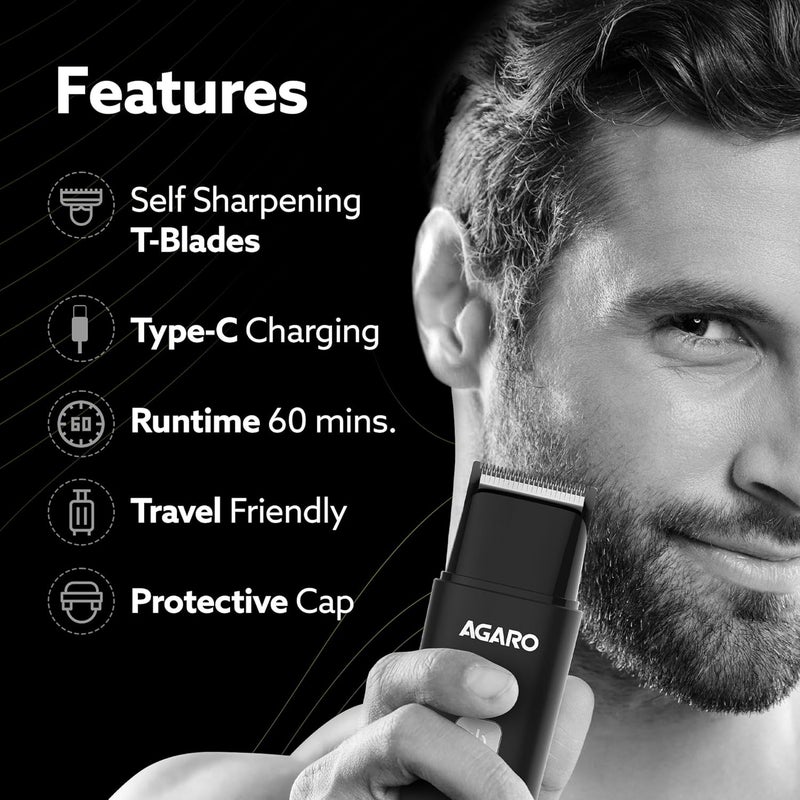 AGARO Beard Trimmer MT7007, 60 mins run time with Type C, 2pcs limit comb - 1mm & 3mm, Protective Cap, Washable Trimmer Head | Trimmer for Men - Image 2