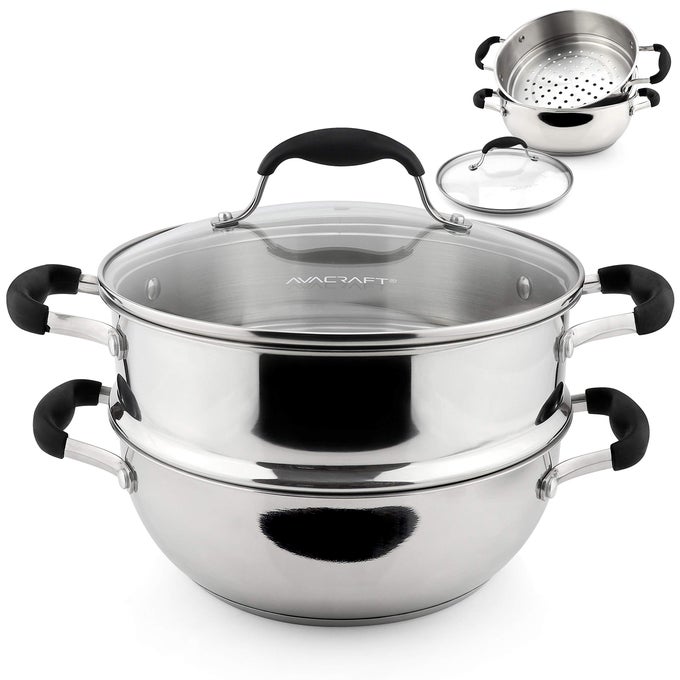 1810 3 PIECE STAINLESS STEEL COOKING POT SET WITH GLASS LID MOMO MAKER INDUCTION STEAMER POT