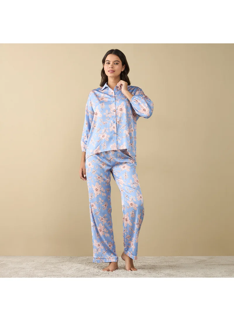 FAV Printed Shirt with Long Sleeves and Pyjama Set