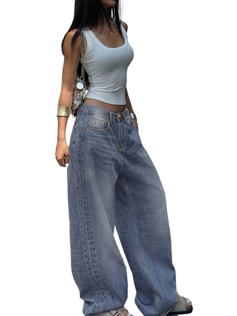 Vintage Stone-washed Straight-leg Jeans for Women, American-style Design, Loose Fit, Versatile Casual Wide-leg Floor-length Pants - Image 1