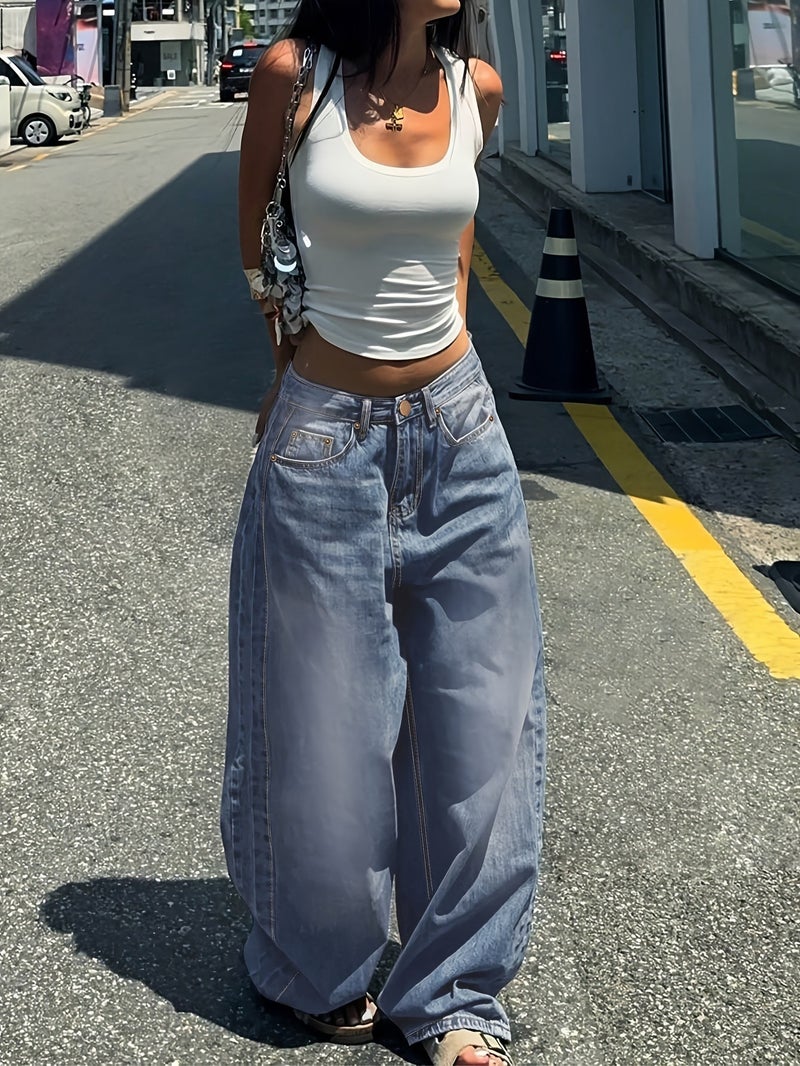 Vintage Stone-washed Straight-leg Jeans for Women, American-style Design, Loose Fit, Versatile Casual Wide-leg Floor-length Pants - Image 2