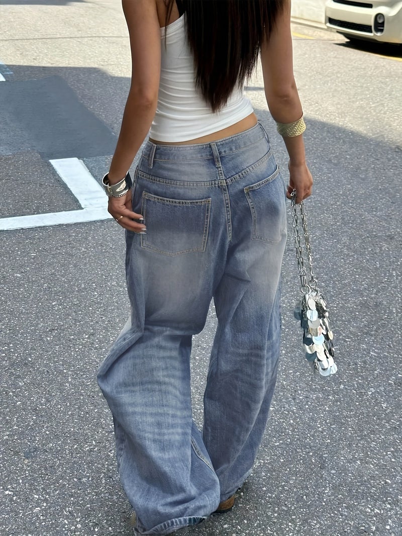Vintage Stone-washed Straight-leg Jeans for Women, American-style Design, Loose Fit, Versatile Casual Wide-leg Floor-length Pants - Image 3