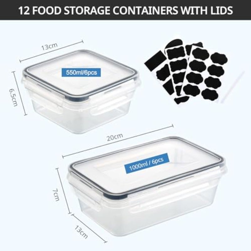 Mylindde Food Storage Containers with Lid Freezer Containers Food Boxes BPA-Free and 100% Airtight Transparent 6 x 1 L and 6 x 0.55 L 12Pcs with Pen + Label - Image 2