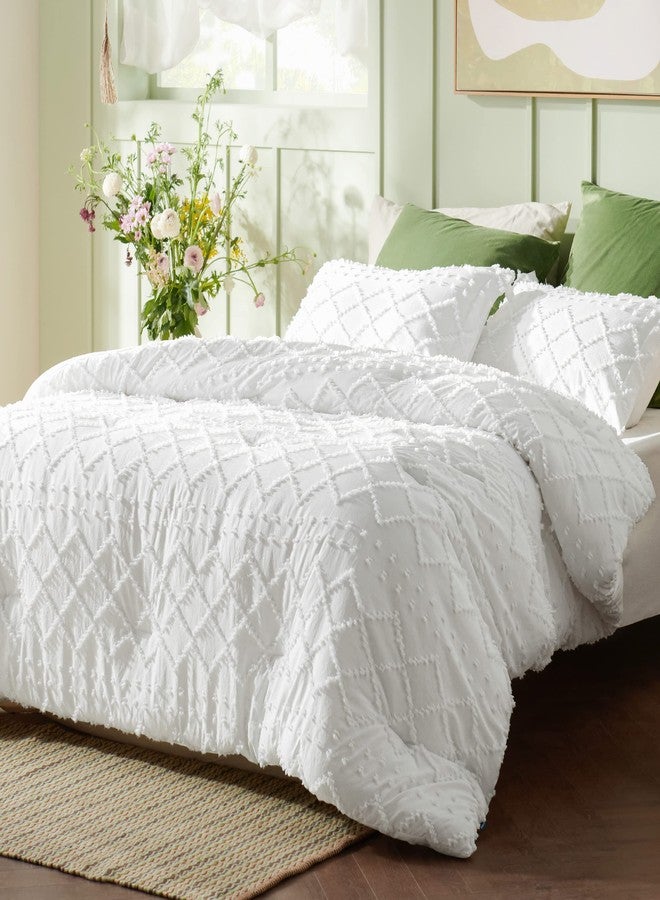 Bedsure Queen Comforter Set - White Comforter, Boho Tufted Bedding Comforter Set for Kids, 3 Pieces Farmhouse-Style Bed Set for All Seasons, Fluffy Soft Bedding Set with 2 Pillow Shams - Image 2