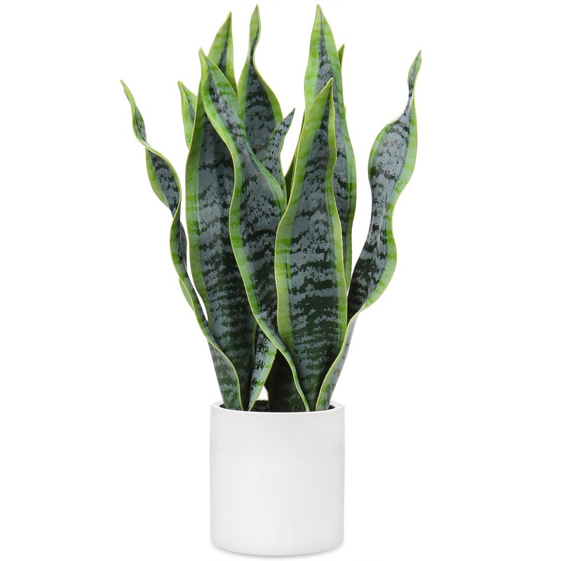 Briful Fake Snake Plant 16" Faux Potted Plant Artificial Snake Plant with White Ceramic Pot Sansevieria Plant Perfect for House Modern Living Room Office Housewarming Gift Indoor Decor - Image 1