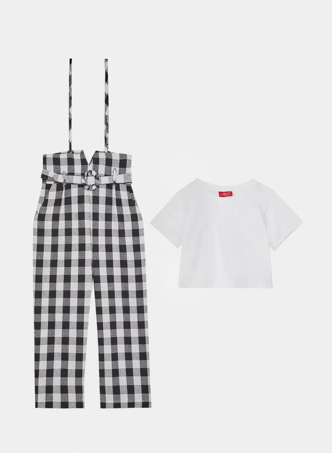 ستايلي Plain T-Shirt & Check Print Jumpsuit Set