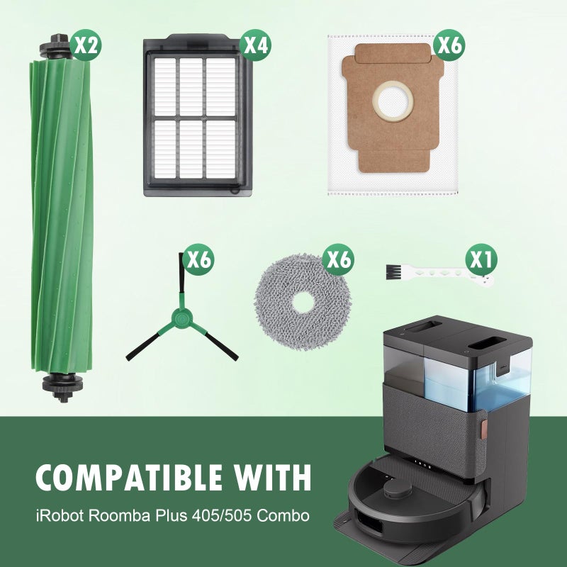 KTNAid 25 Pcs Replacement Parts for iRobot Roomba Plus 405 Combo/505 Combo /507 Combo Robot Vacuum Cleaner, Include 2 Main Brushes, 6 Dust Bags, 6 Mop Pads, 4 Filters, 6 Side Brushes and 1 Cleaning Tool - Image 2