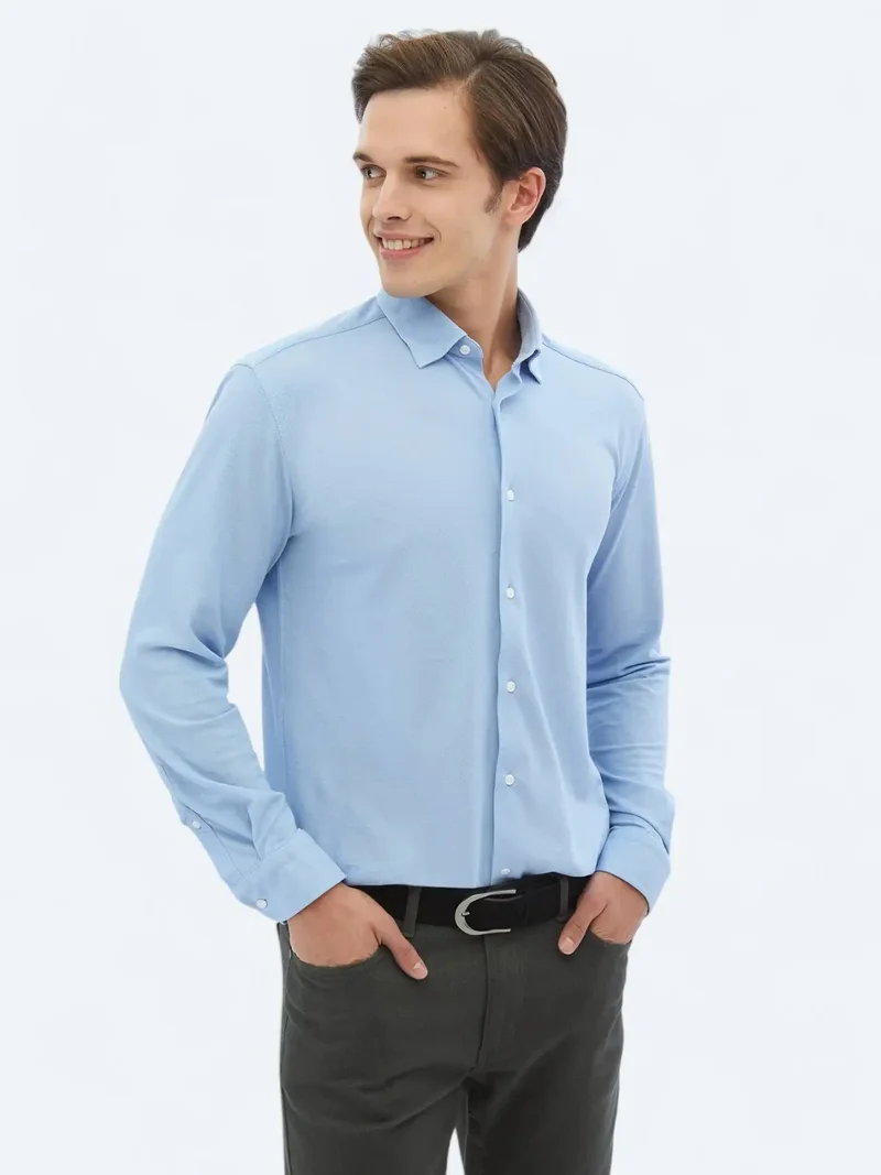 Kip Blue Regular Fit Knitting Casual Cotton Blended Shirt