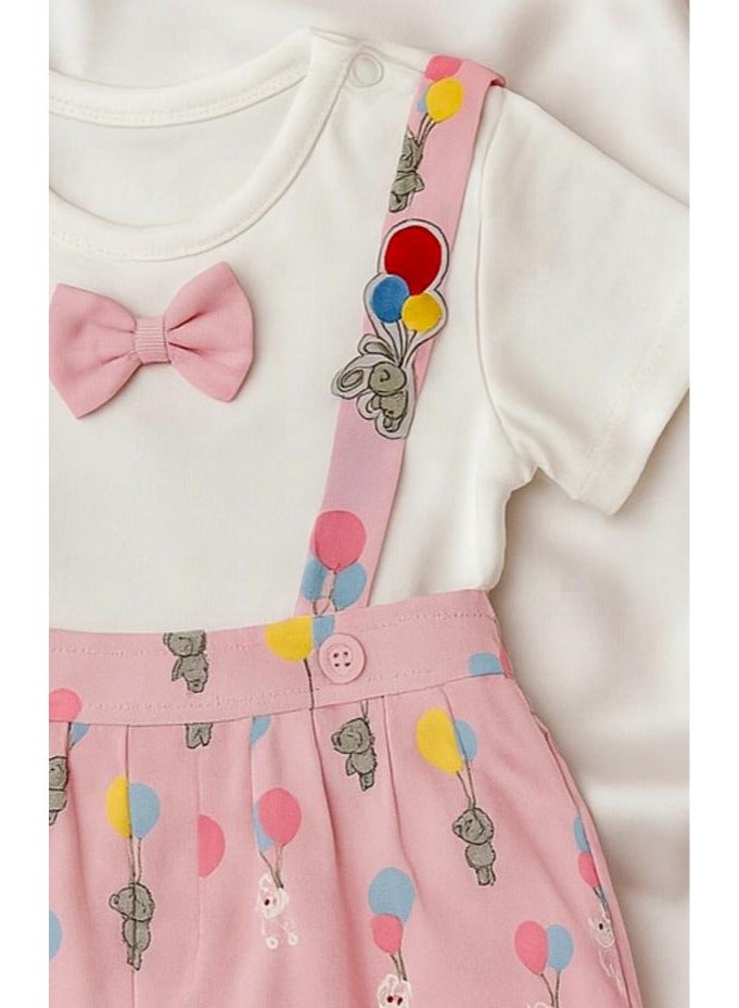 ANDRINA Elegant girls' outfit for occasions, white shirt with bow tie and pink shorts with suspenders, soft cartoon drawings, girls' children's clothing. - Image 4