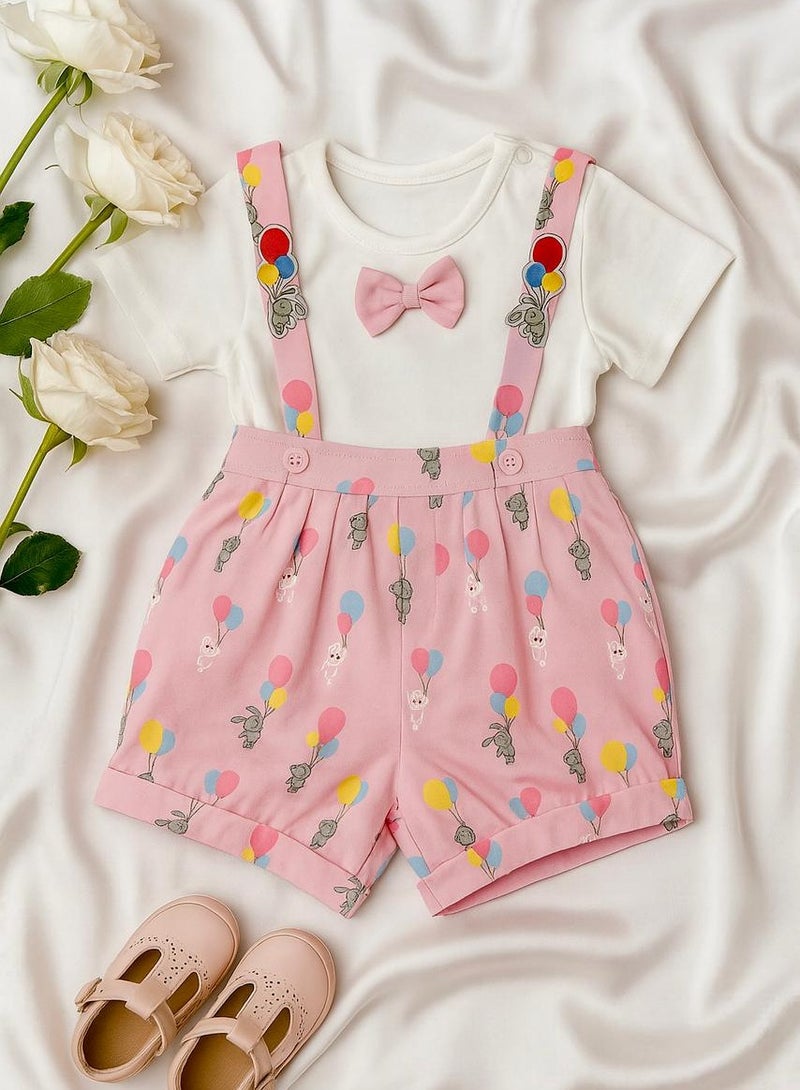 ANDRINA Elegant girls' outfit for occasions, white shirt with bow tie and pink shorts with suspenders, soft cartoon drawings, girls' children's clothing. - Image 2