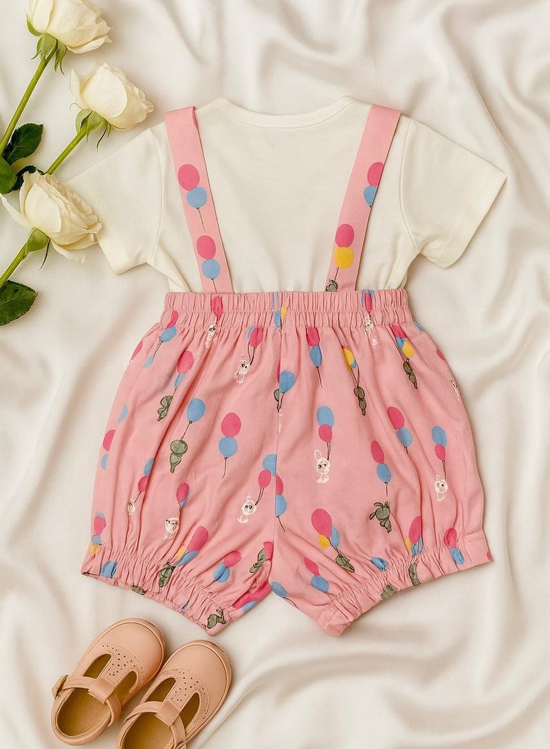 ANDRINA Elegant girls' outfit for occasions, white shirt with bow tie and pink shorts with suspenders, soft cartoon drawings, girls' children's clothing. - Image 3