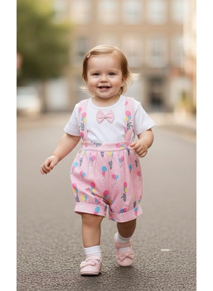 ANDRINA Elegant girls' outfit for occasions, white shirt with bow tie and pink shorts with suspenders, soft cartoon drawings, girls' children's clothing. - Image 1
