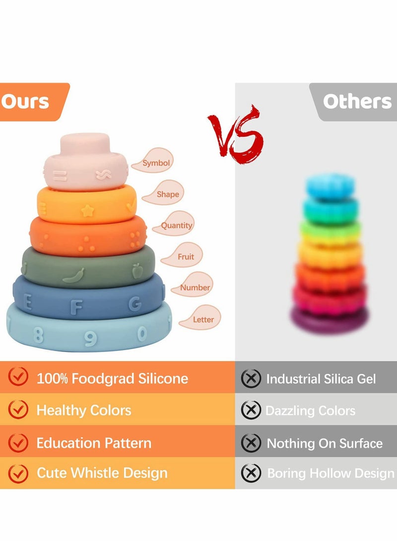 Excefore Baby Teething Toys Stacking Nesting Toys Soft Building Stacker Squeeze Toy Baby Montessori Sensory Toys with Number Fruit and Shape Early Learning Natural Brain Development for Baby (6 PCS) - Image 5