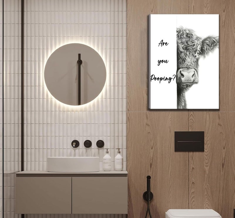 AKOTAC Funny Highland Cow Bathroom Canvas Wall Art Cute Animal Are You Pooping Painting Picture Wall Decor Black White Animal Bathroom Poster Print Artwork for Bedroom Toilet Home Decoration - Image 5
