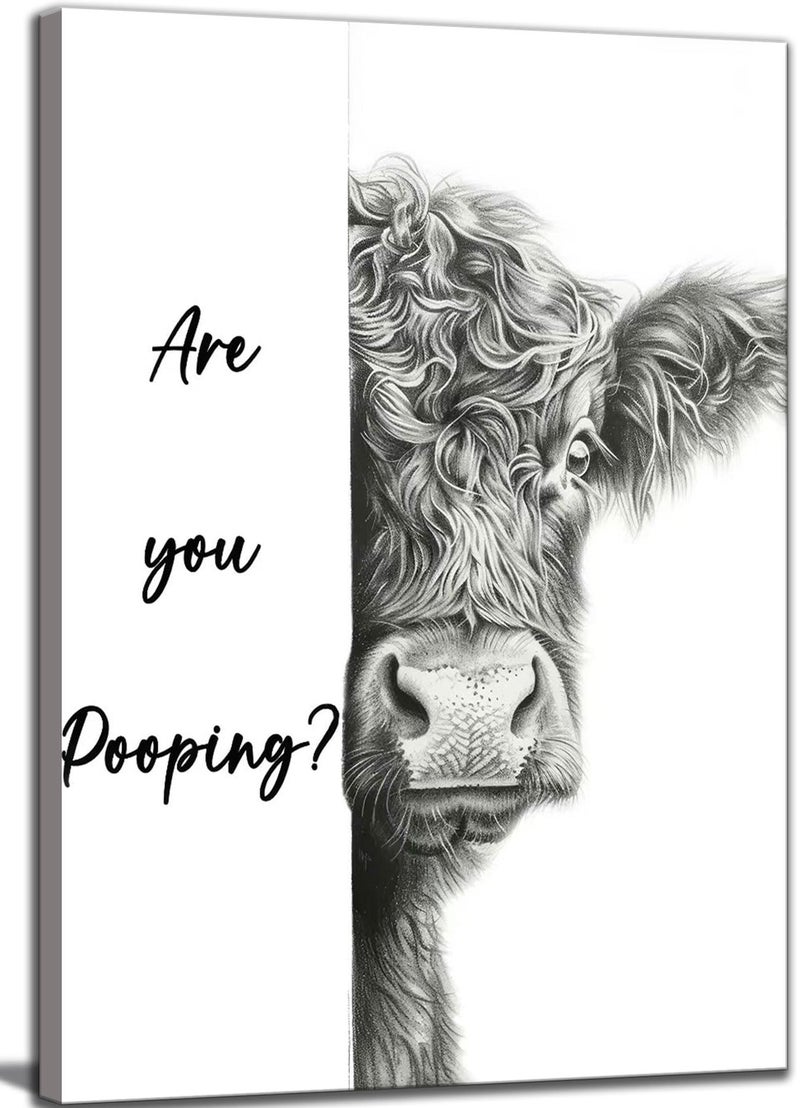 AKOTAC Funny Highland Cow Bathroom Canvas Wall Art Cute Animal Are You Pooping Painting Picture Wall Decor Black White Animal Bathroom Poster Print Artwork for Bedroom Toilet Home Decoration - Image 1
