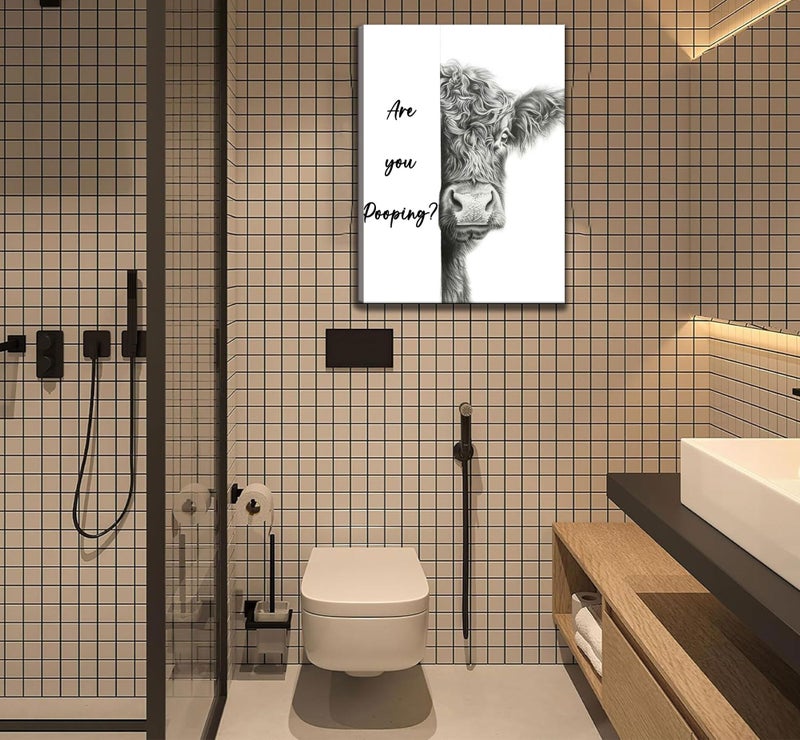 AKOTAC Funny Highland Cow Bathroom Canvas Wall Art Cute Animal Are You Pooping Painting Picture Wall Decor Black White Animal Bathroom Poster Print Artwork for Bedroom Toilet Home Decoration - Image 3