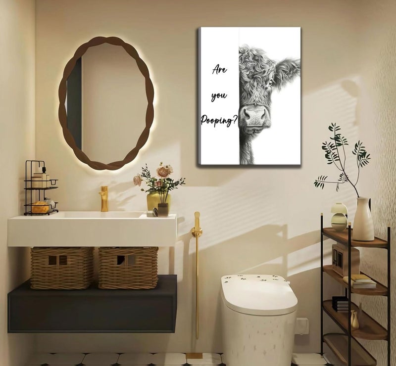 AKOTAC Funny Highland Cow Bathroom Canvas Wall Art Cute Animal Are You Pooping Painting Picture Wall Decor Black White Animal Bathroom Poster Print Artwork for Bedroom Toilet Home Decoration - Image 2