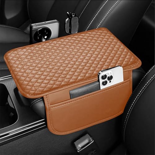 Lyrovo PU Leather Car Armrest Cushion Pad With Side Pockets, Universal Fit for All Car (Brown) - Image 1