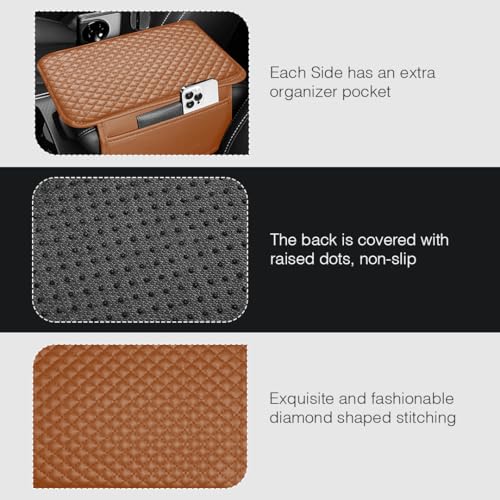 Lyrovo PU Leather Car Armrest Cushion Pad With Side Pockets, Universal Fit for All Car (Brown) - Image 4