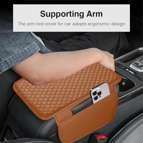 Lyrovo PU Leather Car Armrest Cushion Pad With Side Pockets, Universal Fit for All Car (Brown) - Image 3