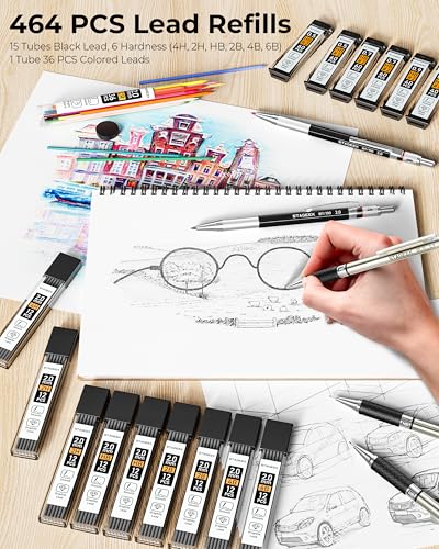 STAGEEK Mechanical Pencil Set with Leather Bag 30 Count, Drawing Pencils 0.5, 0.7, 0.9MM & 3PCS 2MM Sketching Pencils with 464PCS Lead Refills (6B 4B 2B HB 2H 4H Color) for Artist Drafting Drawing - Image 3