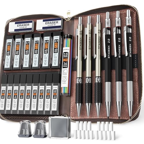STAGEEK Mechanical Pencil Set with Leather Bag 30 Count, Drawing Pencils 0.5, 0.7, 0.9MM & 3PCS 2MM Sketching Pencils with 464PCS Lead Refills (6B 4B 2B HB 2H 4H Color) for Artist Drafting Drawing - Image 1