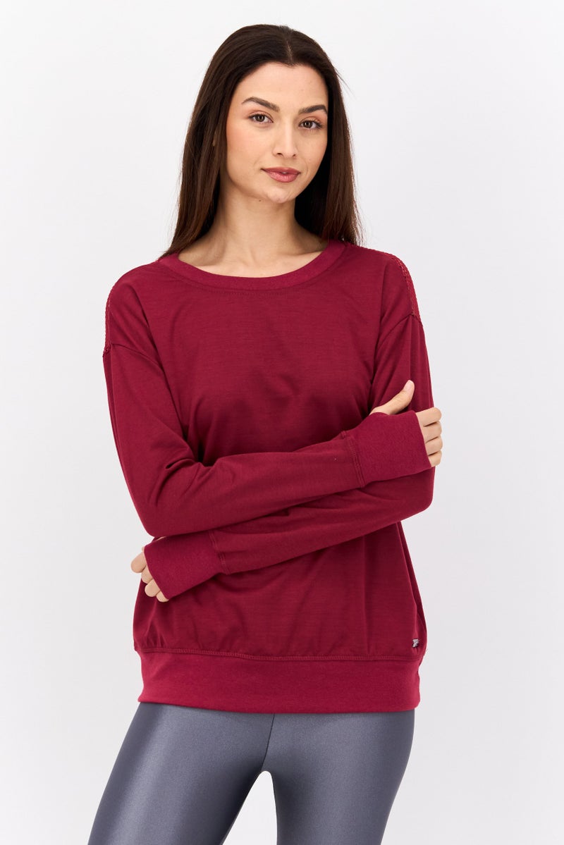 NINE WEST سويت شيرت رياضي نسائي بأكمام طويلة، أحمر - Image 1