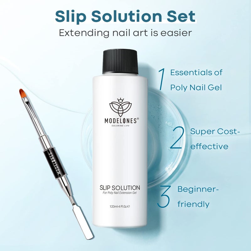Modelones Poly Extension Gel Kit Slip Solution for Nails with Dual-Ended Nail Brush Anti-Stick Liquid Brushes Cleaning Easy Spread for Beginner - Image 3