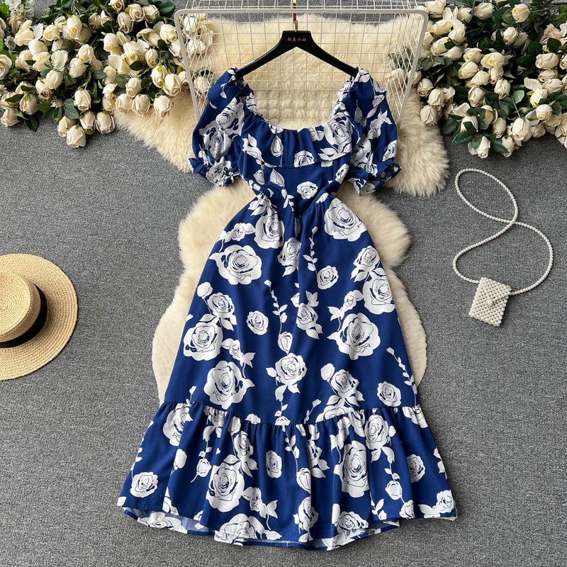 Summer ink painting printing ladies slim-fit mid-length dress womens summer rose waist-tight skirt fashion Blue 