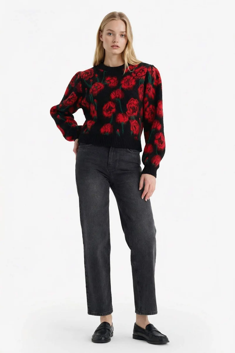 ديفاكتو Regular Fit Crew Neck Romantic Print Pullover