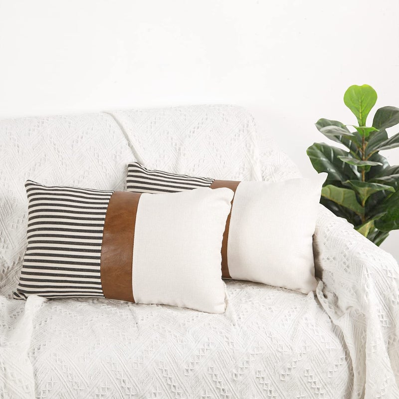 cygnus 12x20 Pillow Covers Set of 2 Farmhouse Decor Stripe Patchwork Linen Throw Lumbar Pillow Covers Modern Faux Leather Covers for Couch SofaBlack