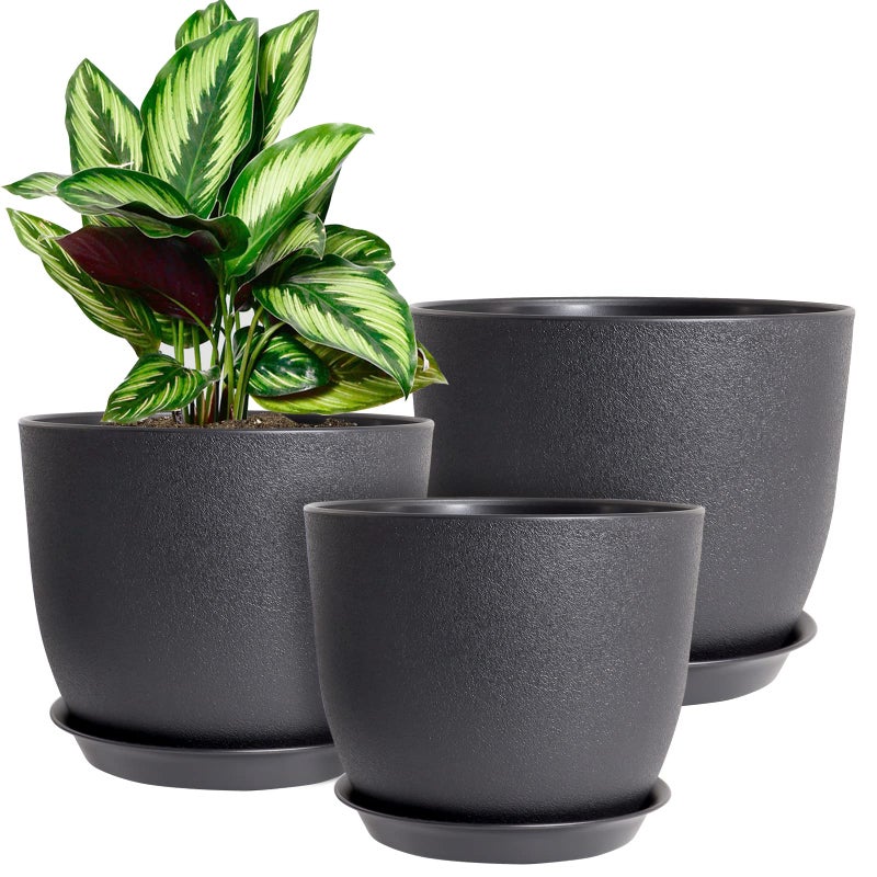 WOUSIWER Plant Pots 1098 inch Set of 3 Modern Decorative Plastic Planters with Drainage Holes and Saucers for House Plants Indoor Flowers Plants Black