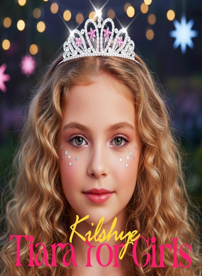 كيلشي تاج كيلشاي المرصع بأحجار الراين، تاج فضي على شكل نجمة، طوق رأس مرصع بالكريستال لعيد ميلاد الفتيات (وردي، مقاس حر) - Image 4