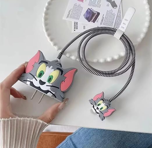 Like Star Protective Case Cover 4in1 Compatible with Apple 20W/18W iPhone USB-C Power Adapter Charger Protection Case with Wire Saver, 3D Cartoon Character Case for 360 Degree Protection Cover(Tom) - Image 1