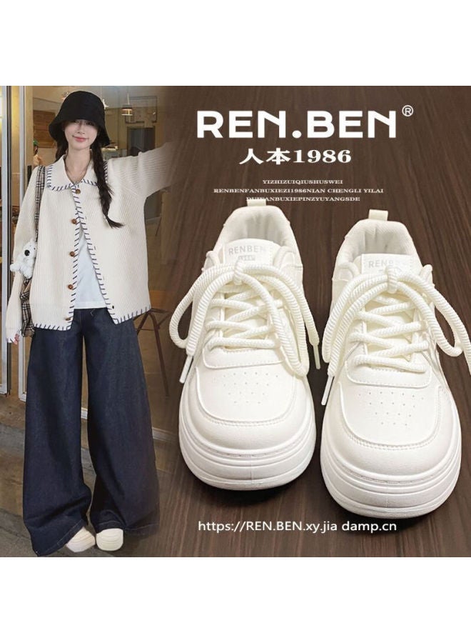 Renben Spring Autumn White Thick Sole Niche Sneakers Women 2025 Trending High-value Student Versatile Hong Kong Style Black Shoes