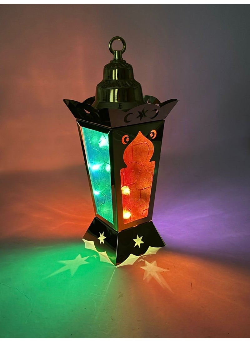 Decorative Metal Ramadan Lantern, LED Colour Changing Light, Gold Finish, Moon and Stars Design - Image 1