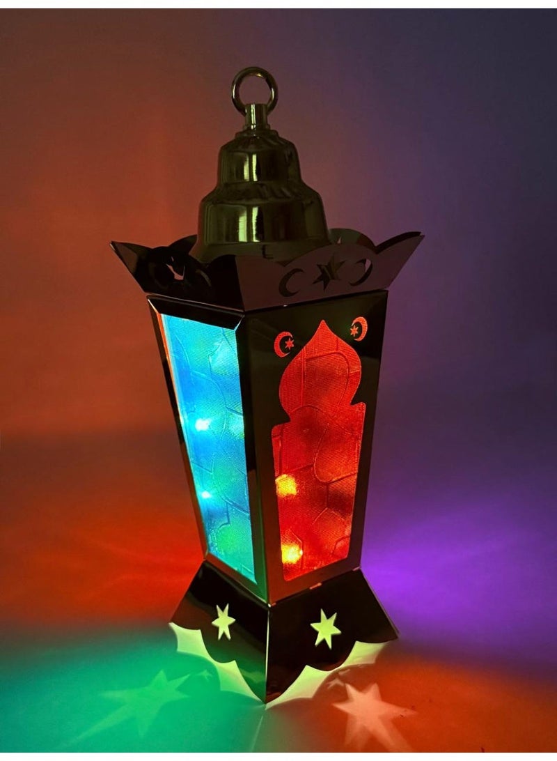 Decorative Metal Ramadan Lantern, LED Colour Changing Light, Gold Finish, Moon and Stars Design - Image 4