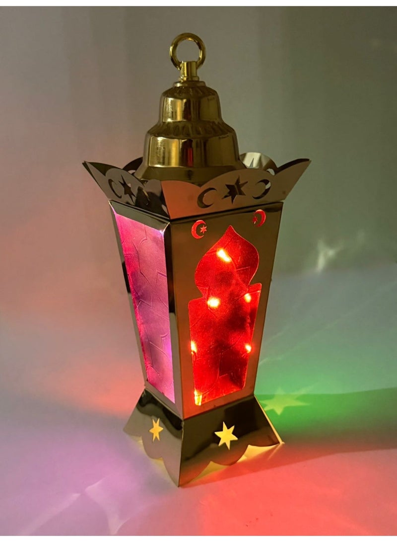 Decorative Metal Ramadan Lantern, LED Colour Changing Light, Gold Finish, Moon and Stars Design - Image 2