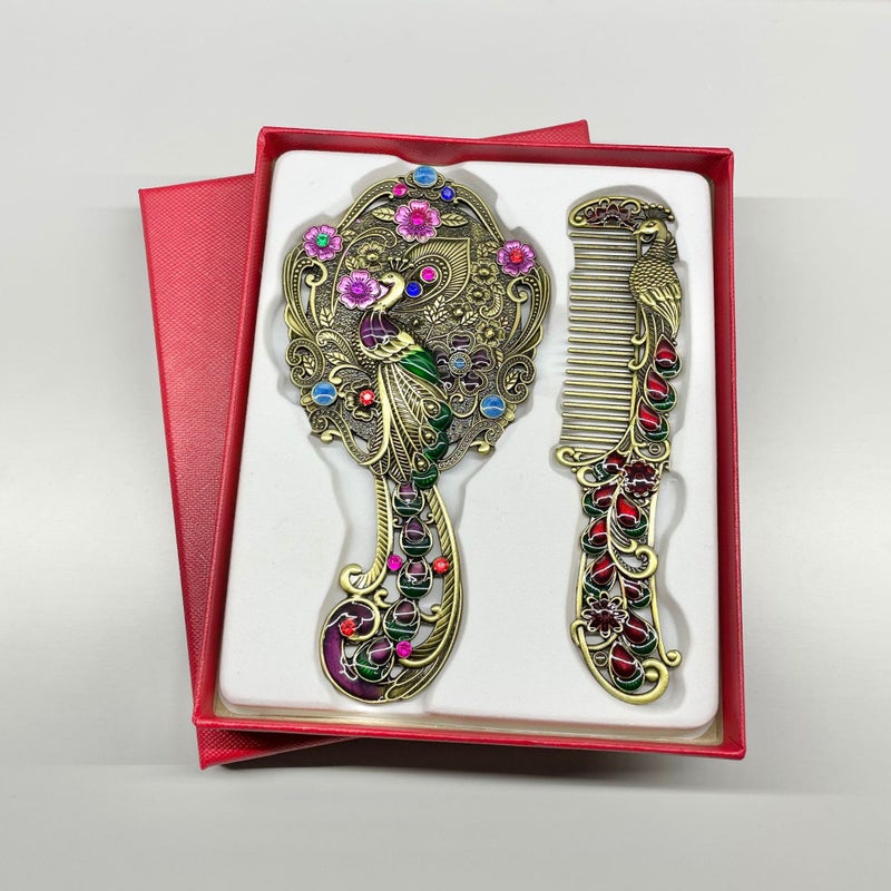 مرآة تجميل معدنية محمولة صغيرة بيد مرآة طائر الطاووس الرجعي الإبداعي - Image 4