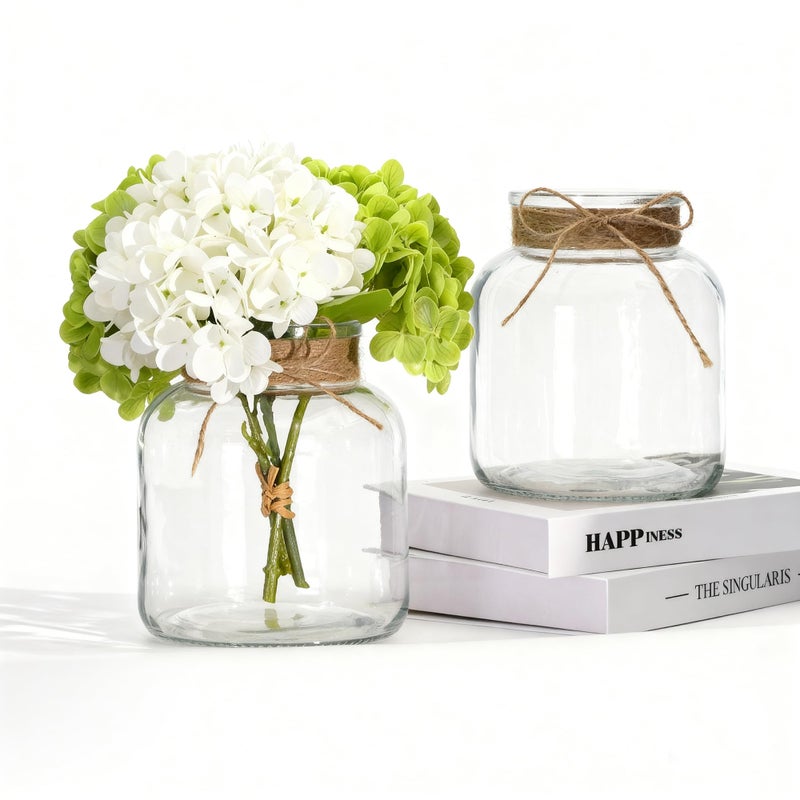 Houmury Glass Vases for Centerpieces Set of 2 Farmhouse Utensils Holder 6 Inch Clear Large Vase with Twine Ties Home Decor for Wedding Living Room Dining Table Office (2) - Image 1