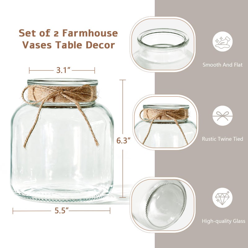 Houmury Glass Vases for Centerpieces Set of 2 Farmhouse Utensils Holder 6 Inch Clear Large Vase with Twine Ties Home Decor for Wedding Living Room Dining Table Office (2) - Image 4