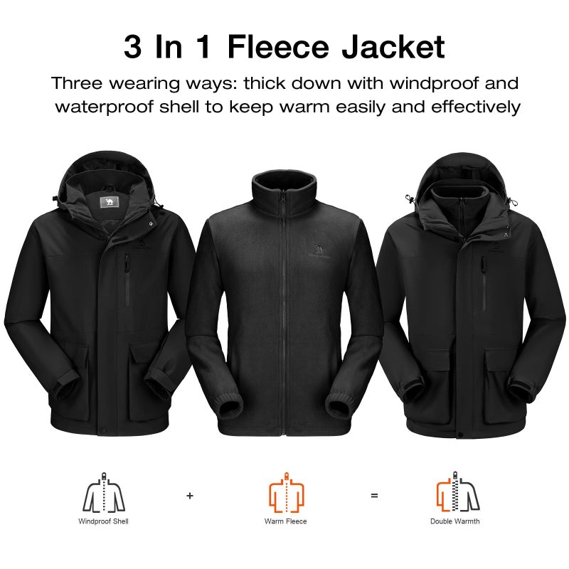 CAMEL CROWN Men's Ski Jacket 3 in 1 Waterproof Winter Jacket Snow Jacket Windproof Hooded with Inner Warm Fleece Coat Black-new XXXL - Image 3