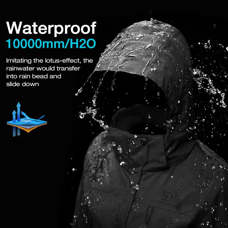 CAMEL CROWN Men's Ski Jacket 3 in 1 Waterproof Winter Jacket Snow Jacket Windproof Hooded with Inner Warm Fleece Coat Black-new XXXL - Image 4